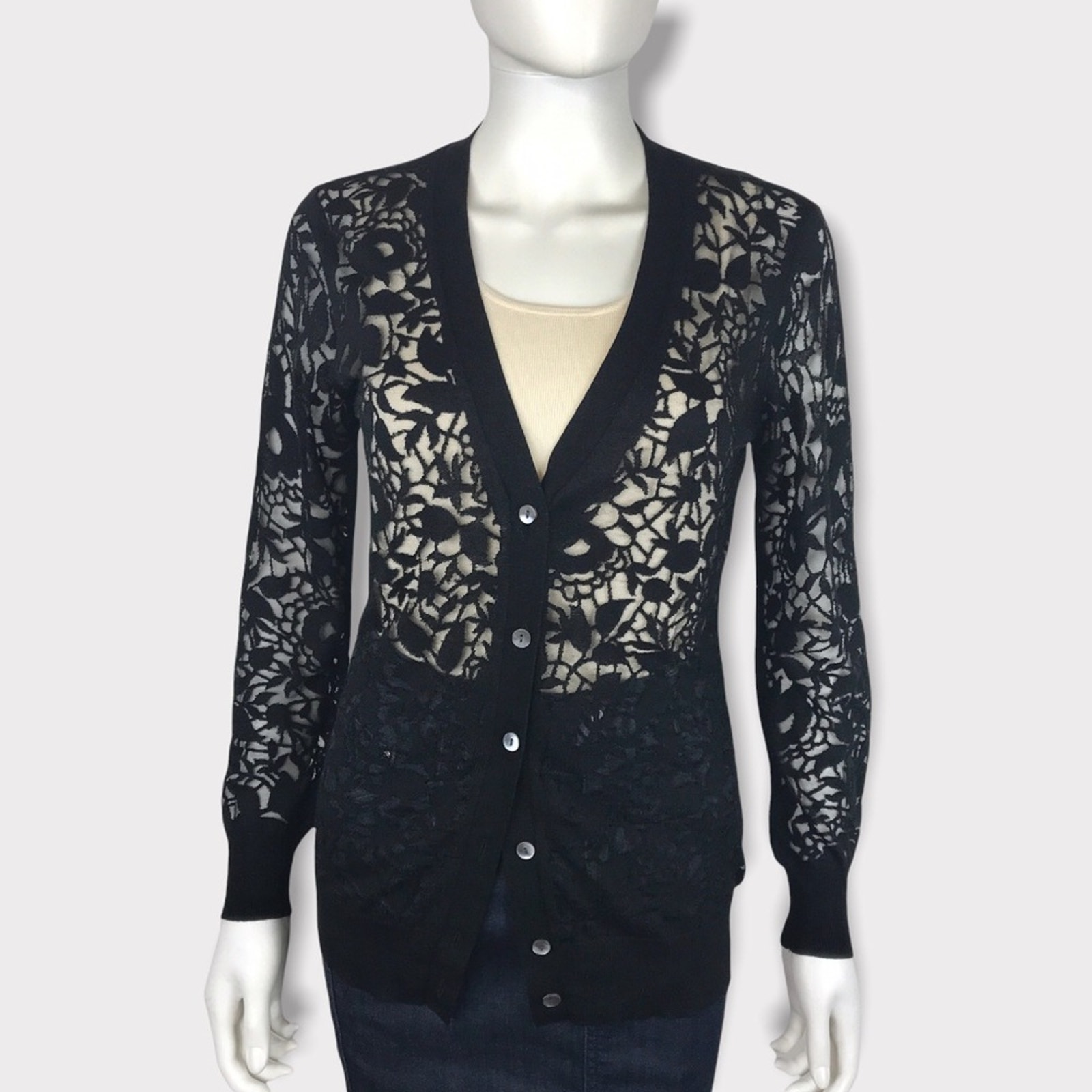 Magaschoni Black Lace Cardigan Floral Silk & Cashmere V-Neck Sweater